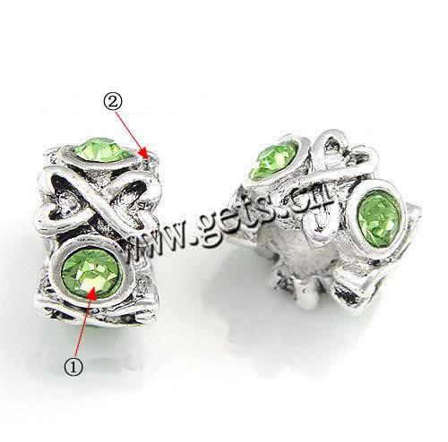 Rhinestone Zinc Alloy European Beads, Tube, plated, without troll & with rhinestone, more colors for choice, cadmium free, 7x11mm, Hole:Approx 5mm, Sold By PC