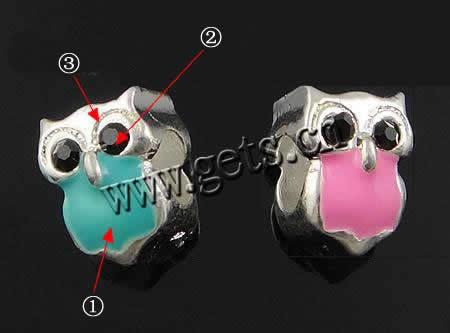 Enamel Zinc Alloy European Beads, Owl, plated, without troll & large hole, more colors for choice, cadmium free, 11x8x10mm, Hole:Approx 5mm, Sold By PC