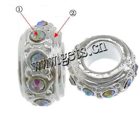 Rhinestone Zinc Alloy European Beads, Rondelle, plated, without troll & with rhinestone, more colors for choice, cadmium free, 6x11mm, Sold By PC
