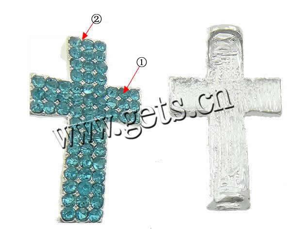 Rhinestone Zinc Alloy Connector, Cross, plated, with rhinestone & 1/1 loop, more colors for choice, 21x35x3mm, Hole:Approx 4mm, Sold By PC