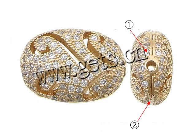 Cubic Zirconia Micro Pave Brass Beads, Flat Oval, plated, micro pave cubic zirconia & hollow, more colors for choice, 16x12x7mm, Hole:Approx 1mm, Sold By PC