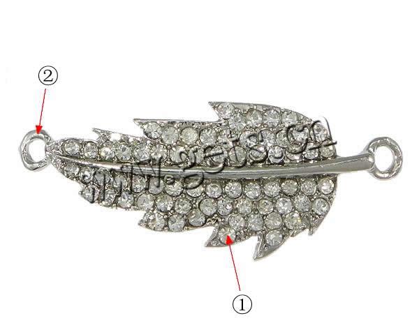 Rhinestone Zinc Alloy Connector, Leaf, plated, with rhinestone & 1/1 loop, more colors for choice, cadmium free, 50x20x3mm, Hole:Approx 3mm, Sold By PC