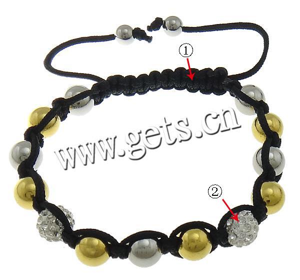 Stainless Steel Woven Ball Bracelets, with Rhinestone Clay Pave Bead & Nylon Cord, plated, adjustable, more colors for choice, 8mm, 8mm, 6mm, Length:Approx 6-10 Inch, Sold By Strand