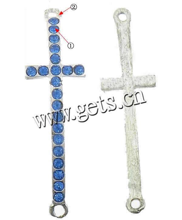 Rhinestone Zinc Alloy Connector, Cross, plated, Customized & with rhinestone & 1/1 loop, more colors for choice, 14x50x2.5mm, Hole:Approx 2mm, Sold By PC