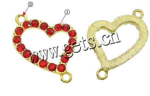 Rhinestone Zinc Alloy Connector, Heart, plated, Customized & with rhinestone & 1/1 loop, more colors for choice, 23x29x3mm, Hole:Approx 2mm, Sold By PC