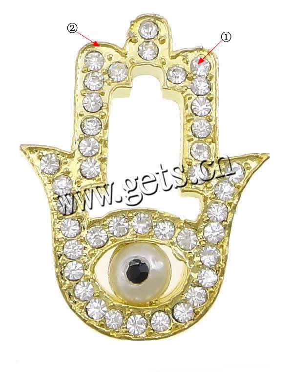 Rhinestone Zinc Alloy Connector, Hamsa, plated, Islamic jewelry & Customized & with rhinestone & 1/1 loop, more colors for choice, 20x27x6mm, Hole:Approx 1.5mm, Sold By PC