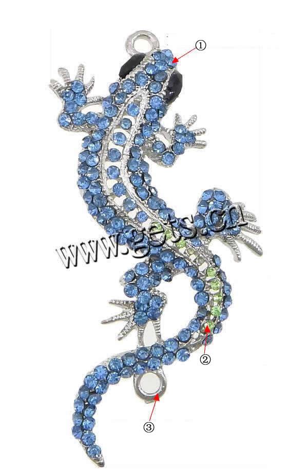 Rhinestone Zinc Alloy Connector, Gecko, plated, Customized & with rhinestone & 1/1 loop, more colors for choice, 29x62x3.5mm, Hole:Approx 2.5mm, Sold By PC