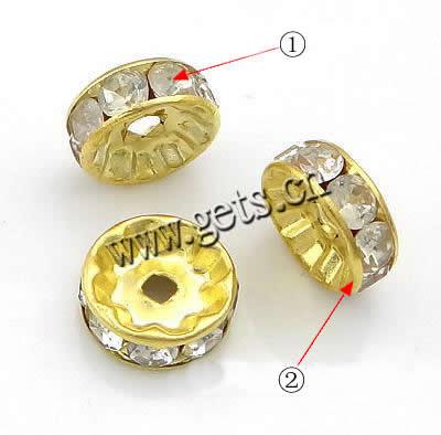 Rondelle Rhinestone Spacer, Brass, plated, with rhinestone, more colors for choice, 7mm, Hole:Approx 1.7mm, 100PCs/Bag, Sold By Bag