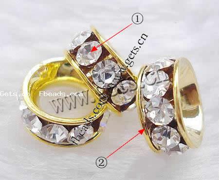 Rondelle Rhinestone Spacer, Brass, plated, with rhinestone, more colors for choice, 7x7x3mm, Hole:Approx 3.5mm, Sold By PC