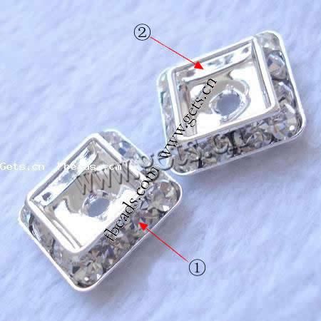 Espaciador cuadrado de diamante de imitación, metal, Squaredelle, chapado, con diamantes de imitación, más colores para la opción, 14x14mm, Vendido por UD
