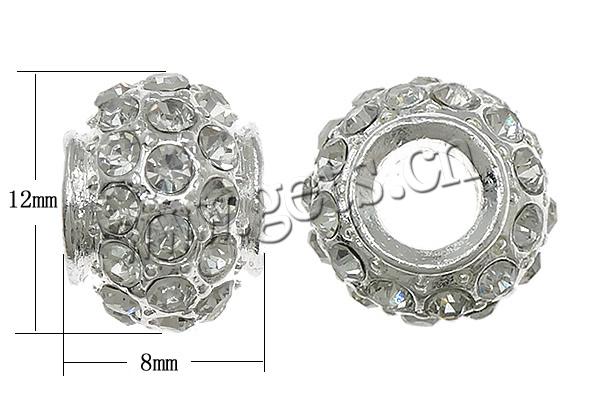 Rhinestone European Beads, with Zinc Alloy, Drum, plated, plating thickness more than 3μm, more colors for choice, 8x12mm, Hole:Approx 4mm, Sold By PC