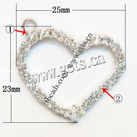 Zinklegierung Herz Anhänger, plattiert, mit Strass, keine, 23x25x2.5mm, Bohrung:ca. 2mm, verkauft von PC