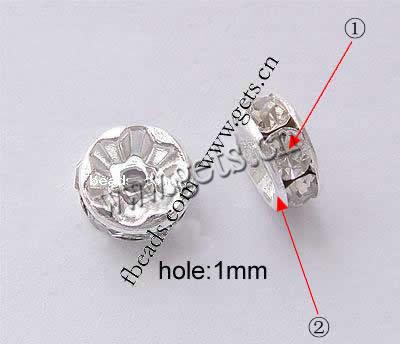 Rondelle Rhinestone Spacer, Brass, rack plating, with rhinestone, more colors for choice, Grade AAA, 6mm, Hole:Approx 1.3mm, 100PCs/Bag, Sold By Bag