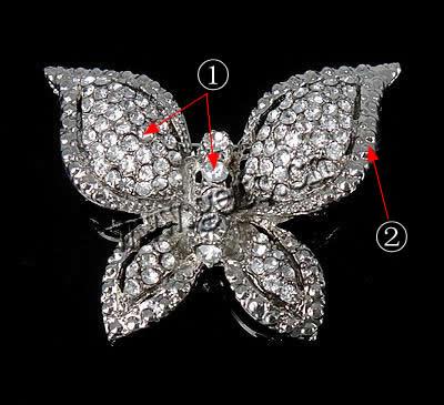 Zinc Alloy Jewelry Brooch, with Rhinestone, Butterfly, plated, Customized & with rhinestone, more colors for choice, 33x45x8mm, Sold By PC
