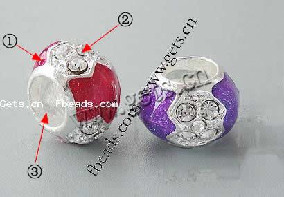 Enamel Zinc Alloy European Beads, Rondelle, without troll & with rhinestone & large hole, more colors for choice, 13.5x9.5mm, Hole:Approx 6.5mm, Sold By PC