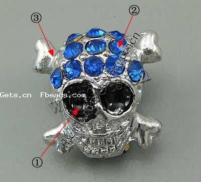Rhinestone Zinc Alloy European Beads, Skull, plated, more colors for choice, 13x13x10mm, Hole:Approx 5mm, Sold By PC