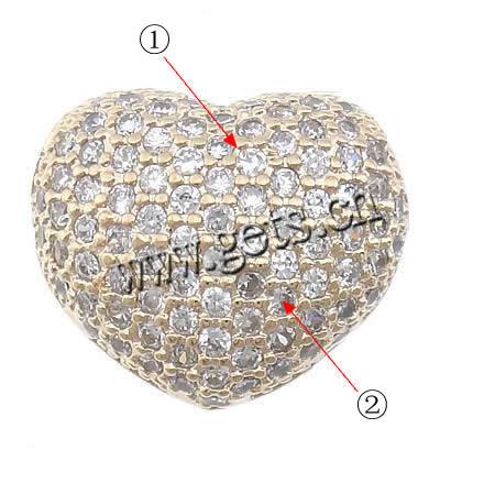 Cubic Zirconia Micro Pave Brass Beads, Heart, plated, micro pave cubic zirconia & hollow, more colors for choice, 14x12.5x9mm, Hole:Approx 1.2x2mm, Sold By PC