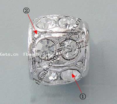 Rhinestone Zinc Alloy European Beads, Tube, plated, more colors for choice, 12x10mm, Hole:Approx 6.2mm, Sold By PC