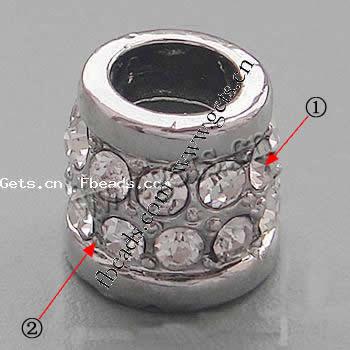 Rhinestone Zinc Alloy European Beads, Tube, plated, more colors for choice, 10x10.5mm, Hole:Approx 5.5mm, Sold By PC