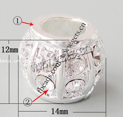 Rhinestone Zinc Alloy European Beads, Drum, plated, without troll & with rhinestone, more colors for choice, 14x12mm, Hole:Approx 7mm, Sold By PC