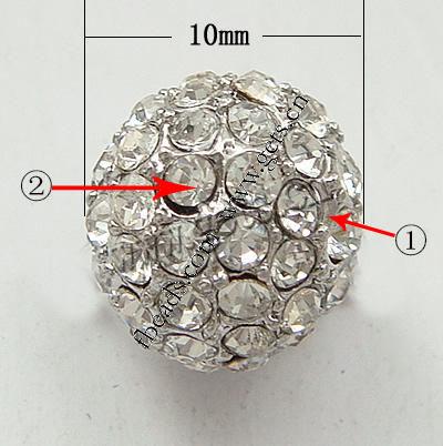 Strass Zinklegierung Perlen, mit Strass, rund, plattiert, mit Strass von Nahost, keine, Bohrung:ca. 2mm, verkauft von PC
