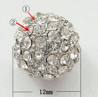 Strass Zinklegierung Perlen, rund, plattiert, mit Strass von Nahost, keine, frei von Nickel, Blei & Kadmium, 12x12mm, Bohrung:ca. 2mm, verkauft von PC