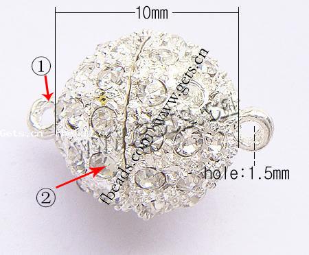 Brass Magnetic Clasp, Round, plated, with rhinestone & single-strand, more colors for choice, 10mm, Hole:Approx 1.5mm, Sold By PC