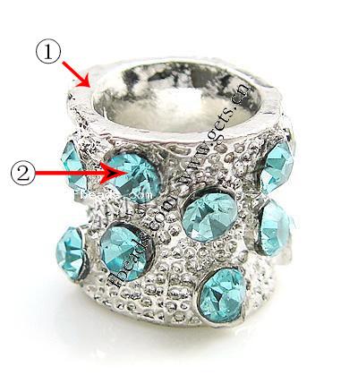 Rhinestone Zinc Alloy European Beads, Drum, plated, without troll & with rhinestone, more colors for choice, nickel, lead & cadmium free, 12x10mm, Hole:Approx 6mm, Sold By PC