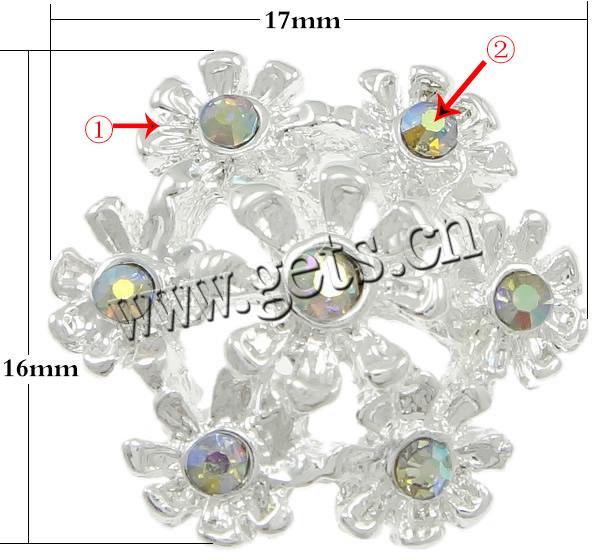 Rhinestone Zinc Alloy Connector, Flower, plated, with rhinestone & 2-strand, more colors for choice, nickel, lead & cadmium free, 17x16x5mm, Hole:Approx 1mm, Sold By PC