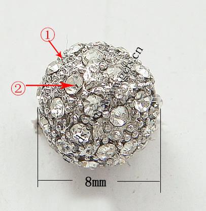 Rhinestone Zinc Alloy Beads, with Zinc Alloy, Round, plated, more colors for choice, lead free, 8x8mm, Hole:Approx 1.5mm, Sold By PC