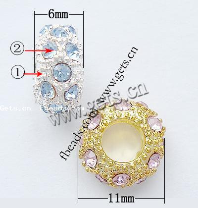 Rhinestone European Beads, with Zinc Alloy, Rondelle, plated, more colors for choice, cadmium free, 11x6mm, Hole:Approx 5mm, Sold By PC
