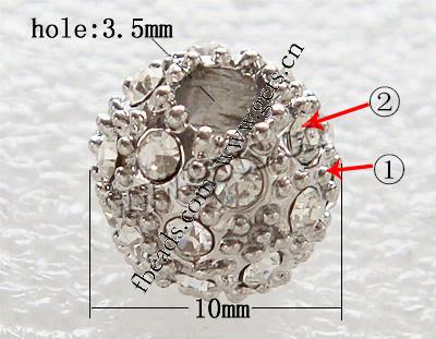 Strass Zinklegierung Perlen, mit Zinklegierung, rund, plattiert, keine, frei von Blei, 10x10mm, Bohrung:ca. 3.5mm, verkauft von PC