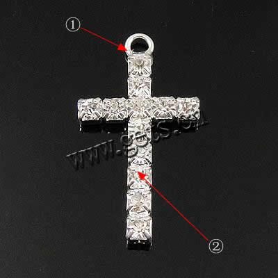 Colgantes de Cruces de latón, metal, chapado, con diamantes de imitación, más colores para la opción, 23x14x3mm, agujero:aproximado 2mm, Vendido por UD