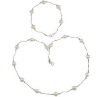 Conjuntos de joya de perla de agua dulce de plata , plata de ley 925, pulsera & collar, con perla, Blanco, 7x8mm, 17x1mm, longitud:7 Inch, 17 Inch, Vendido por Set