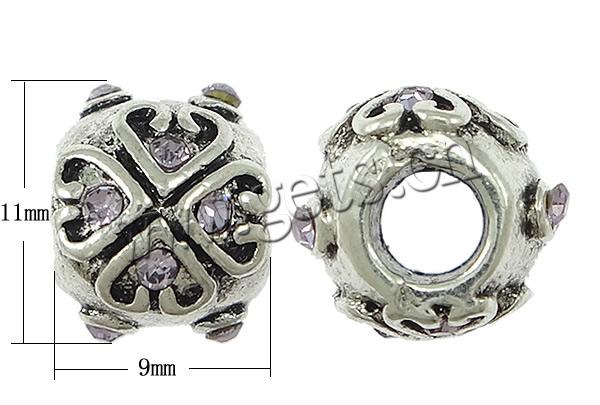 Perles European de stras d'alliage de Zinc , tambour, Placage, Personnalisé & avec strass, plus de couleurs à choisir, sans nickel et cadmium, 9x11mm, Trou:Environ 4mm, Vendu par PC