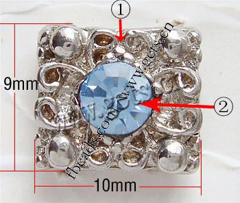 Rhinestone Zinc Alloy Connector, Rectangle, plated, plating thickness more than 3μm & with Mideast rhinestone, more colors for choice, Grade A, 10x9x3mm, Hole:Approx 2mm, Sold By PC
