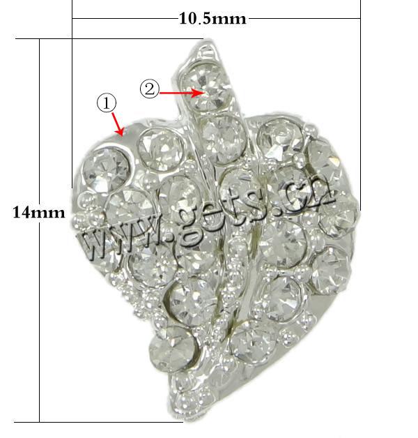 Rhinestone Zinc Alloy Connector, Leaf, plated, with rhinestone, more colors for choice, 14x10.5mm, Hole:Approx 1mm, Sold By PC