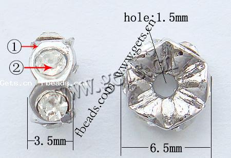 Wave Rondelle Rhinestone Spacer, with Zinc Alloy, Flat Round, plated, with Mideast rhinestone, more colors for choice, nickel free, 6.5x3.5mm, Hole:Approx 1.5mm, Sold By PC