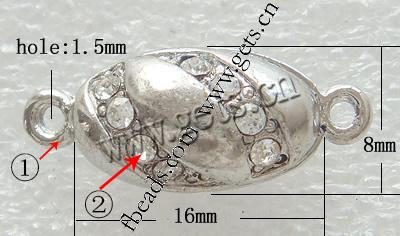 Cierre Magnético de Aleación de Zinc, Óvalo, chapado, enchapado grueso más que los 3μm & con diamantes de imitación de Mideast & sarta sola, más colores para la opción, 16x8x8mm, agujero:aproximado 1.5mm, Vendido por UD