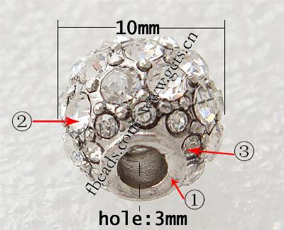 Rhinestone European Beads, with Zinc Alloy, Drum, plated, plating thickness more than 3μm, more colors for choice, 10x10mm, Hole:Approx 3mm, Sold By PC