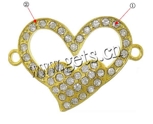 Rhinestone Zinc Alloy Connector, Heart, plated, with rhinestone & 1/1 loop, more colors for choice, cadmium free, 35x24x4mm, Hole:Approx 2mm, Sold By PC