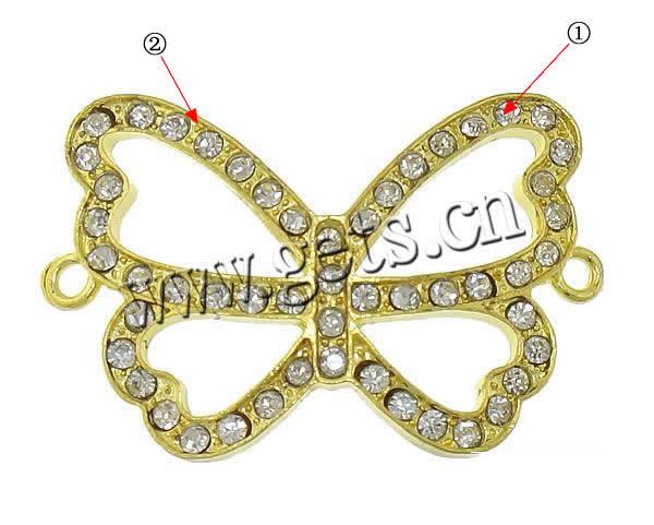 Rhinestone Zinc Alloy Connector, Butterfly, plated, with rhinestone & 1/1 loop, more colors for choice, cadmium free, 40x26x2.5mm, Hole:Approx 2mm, Sold By PC