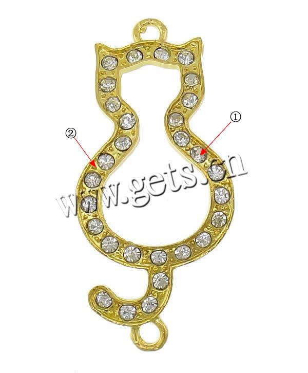 Rhinestone Zinc Alloy Connector, Cat, plated, with rhinestone & 1/1 loop, more colors for choice, cadmium free, 18x40x2mm, Hole:Approx 2mm, Sold By PC