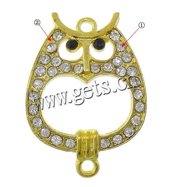 Rhinestone Zinc Alloy Connector, Owl, plated, Customized & with rhinestone & 1/1 loop, more colors for choice, cadmium free, 23x32x3mm, Hole:Approx 2mm, Sold By PC