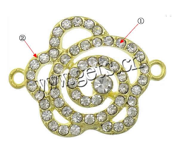 Rhinestone Zinc Alloy Connector, Flower, plated, with rhinestone & 1/1 loop, more colors for choice, cadmium free, 33x25x5mm, Hole:Approx 2mm, Sold By PC