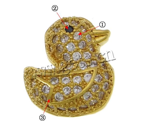 Cubic Zirconia Micro Pave Brass Beads, Duck, plated, micro pave cubic zirconia & hollow, more colors for choice, 12x13.5x7mm, Hole:Approx 2.5mm, Sold By PC