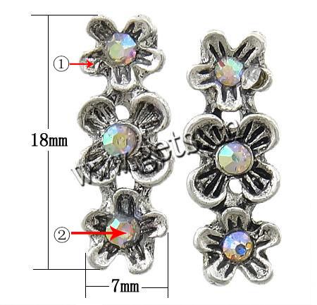 Rhinestone Spacer Bar, with Zinc Alloy, Flower, plated, 3-strand & with Mideast rhinestone, more colors for choice, nickel, lead & cadmium free, 7x18mm, Sold By PC
