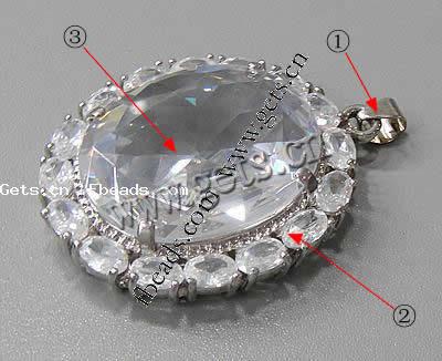 Cubic Zirconia Brass Pendants, Oval, plated, with cubic zirconia & faceted, more colors for choice, 40x34x10mm, Hole:Approx 3-5mm, Sold By PC