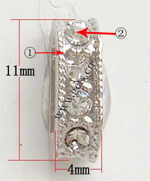 Bridge Rhinestone Spacer, with Zinc Alloy, plated, plating thickness more than 3μm & with Mideast rhinestone & 2-strand, more colors for choice, nickel free, 11x4x4mm, Sold By PC