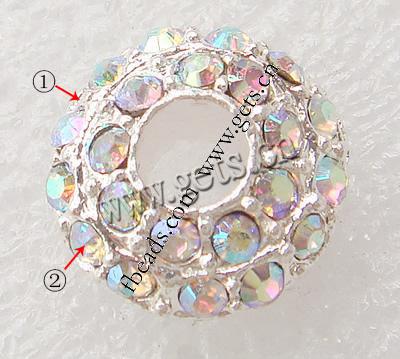 Rhinestone European Beads, with Zinc Alloy, Rondelle, plated, more colors for choice, cadmium free, 16x8mm, Hole:Approx 5mm, Sold By PC